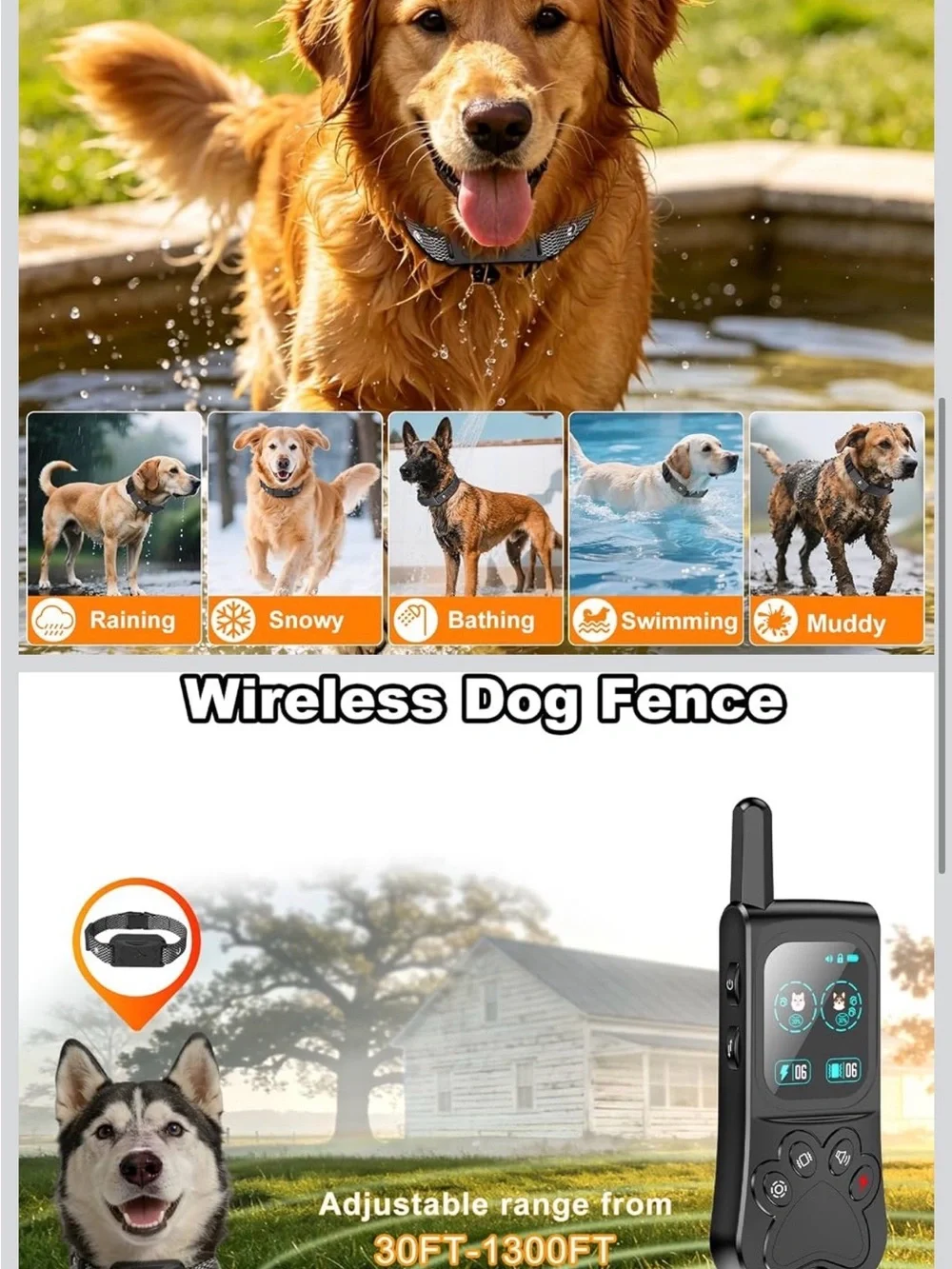 Wireless Dog Fence, Electric Dog Fence with 3 Warning Modes-Up to 3800ft Adjusta